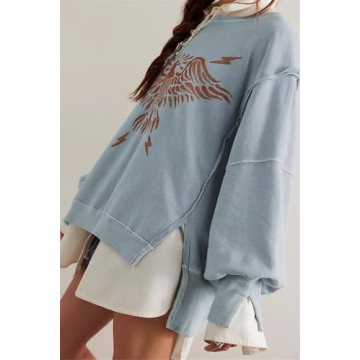 Asadovce Women Oversized Graphic Sweatshirt Y2k Long Sleeve Vintage Crewneck Shirt Top Drop Shoulder Sweater Pullover Phoenix Blue