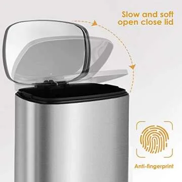 HEMBOR 13.2 Gallon(50L) Trash Can, Stainless Steel Rectangular Garbage Bin with Lid and Inner Bucket, Silent Open and Close Dustbin with Durable Pedal, Suit for Home Office Indoor Outdoor, Silver
