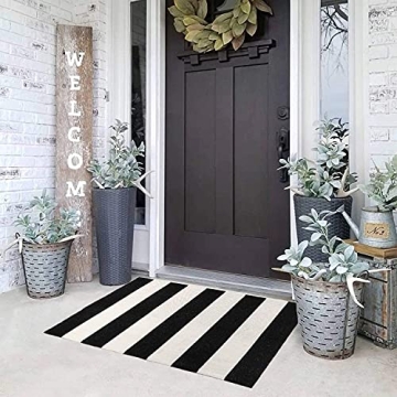 KaHouen Black and White Striped Rug - Handmade Indoor Outdoor Doormat 23.6 x 35.4 Inches