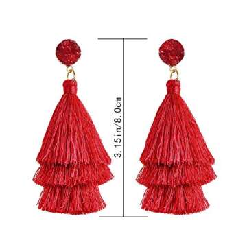 Tassel Earrings Bohemian Dangle Drop Tiered Tassel Druzy Stud Layered Earrings Thread Tassel for Womens Gifts ringe Tassel Earrings … (Red)