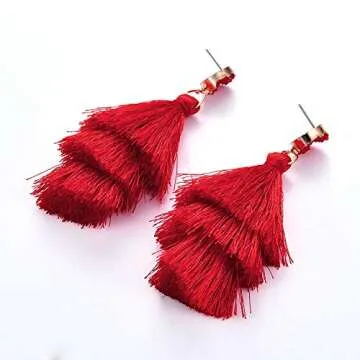 Tassel Earrings Bohemian Dangle Drop Tiered Tassel Druzy Stud Layered Earrings Thread Tassel for Womens Gifts ringe Tassel Earrings … (Red)