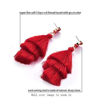 Tassel Earrings Bohemian Dangle Drop Tiered Tassel Druzy Stud Layered Earrings Thread Tassel for Womens Gifts ringe Tassel Earrings … (Red)