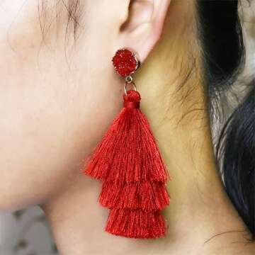 Tassel Earrings Bohemian Dangle Drop Tiered Tassel Druzy Stud Layered Earrings Thread Tassel for Womens Gifts ringe Tassel Earrings … (Red)
