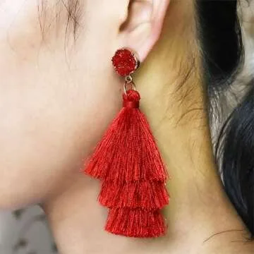 Tassel Earrings Bohemian Dangle Drop Tiered Tassel Druzy Stud Layered Earrings Thread Tassel for Womens Gifts ringe Tassel Earrings … (Red)