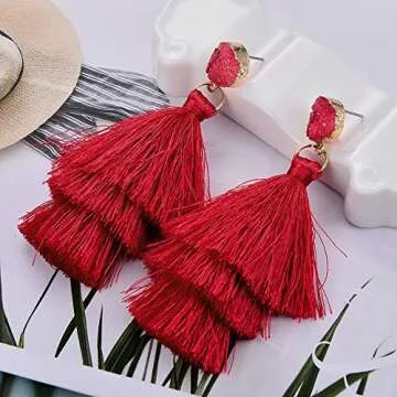 Tassel Earrings Bohemian Dangle Drop Tiered Tassel Druzy Stud Layered Earrings Thread Tassel for Womens Gifts ringe Tassel Earrings … (Red)