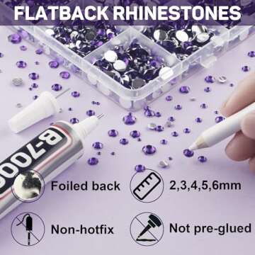 b7000 Glue and 20100Pcs Dark Purple Rhinestones Flatback for Crafts Clothes Clothing,Violet Bulk Rhinestones Deep Purple Flat Back Diamonds Crystal Gems Kit for Shoes Shirts Sneakers,Multi Sizes 2-6mm