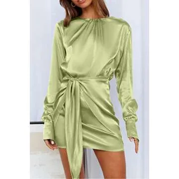 PRETTYGARDEN Women's Spring Satin Dress - An Elegant Cocktail Mini Dress with Tie Waist for Parties ...