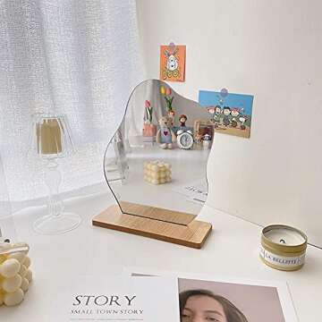JayveeUS Tabletop Decorative Mirrors, 9.4 "x7.7 Ins Irregular Star Shape Acrylic Mirror with Wooden Base, for Makeup and Home Decorative