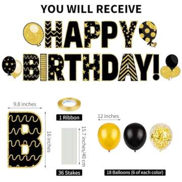 HOBBY HORSE 18 Pieces Black Gold Happy Birthday Yard Sign with Stakes, 18 Balloons Giant 16 Inch Birthday Outdoor Lawn Decorations Waterproof Birthday Letter Lawn Sign for Garden Party Supplies