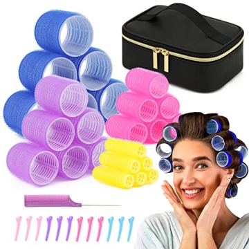 Hair Rollers Set with Free Cosmetic Bag - Sooninno Self Grip Heatless Curlers for Medium to Long Hair, Volumizing - Set of 38 Pieces with Clips and Comb