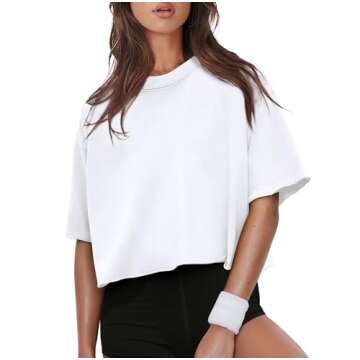 Summer Crop Tops for Women White Cotton Tshirts Short Sleeve Drop Shoulder Workout Yoga Tees L