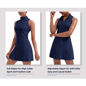 TQD Tennis Dress for Women, Full Zipper Tennis Golf Dresses with Built in Shorts & Pocket Sleeveless Athletic Exercise Dress Navy