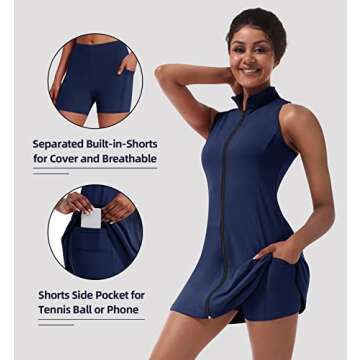 TQD Tennis Dress for Women, Full Zipper Tennis Golf Dresses with Built in Shorts & Pocket Sleeveless Athletic Exercise Dress Navy