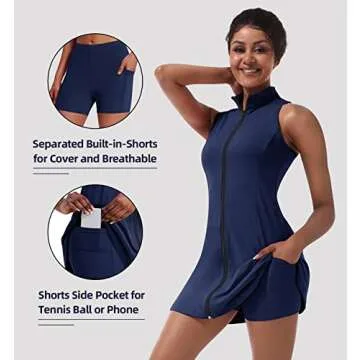 TQD Tennis Dress for Women, Full Zipper Tennis Golf Dresses with Built in Shorts & Pocket Sleeveless Athletic Exercise Dress Navy