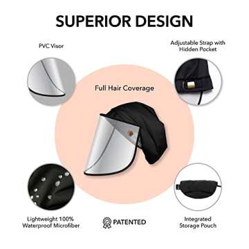 Hairbrella Pro Face Shield Women’s Rain Hat - Waterproof Face Shield Visor Satin-Lined Comfertable Travel Rain Hat - Packable Rain Hat with Detachable Face Shield, Sun Protection | Black