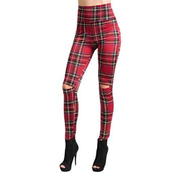 2Chique Boutique Women's Plaid High Waist Cut Out Knee Leggings (Small) Red