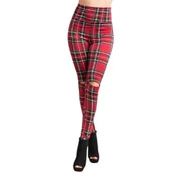 2Chique Boutique Women's Plaid High Waist Cut Out Knee Leggings (Small) Red