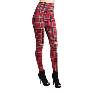2Chique Boutique Women's Plaid High Waist Cut Out Knee Leggings (Small) Red