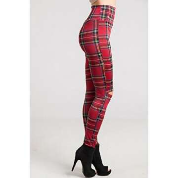 2Chique Boutique Women's Plaid High Waist Cut Out Knee Leggings (Small) Red