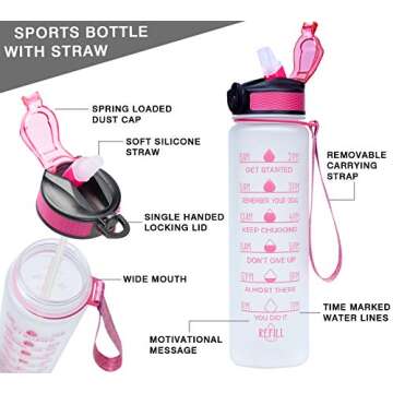 Giotto 32oz Large Leakproof BPA Free Drinking Water Bottle with Time Marker & Straw - Perfect for Fi...