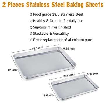 TeamFar Baking Sheet Cookie Sheet Set of 2, Pure Stainless Steel Baking Pan Tray Professional, Non Toxic & Healthy, Mirror Finish & Rust Free, Easy Clean & Dishwasher Safe