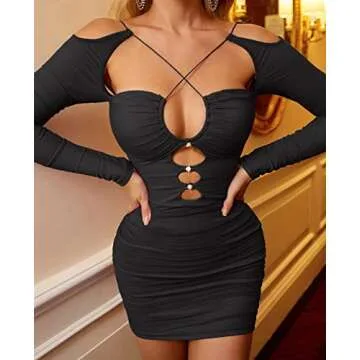 Colysmo Women's Sexy Hollow Out Long Sleeve Mini Dress