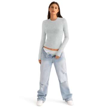 EasyGala Cotton Long Sleeve Shirts Women Crew Neck Slim Fit Basic Going Out Crop Y2k Outfits for Spring Fall Crewneck Tight Tops Fashion Trendy Undershirt Stretchy 2024 Light Grey