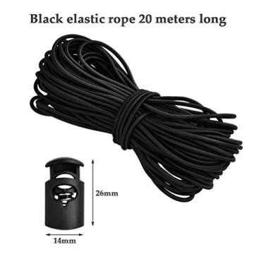 YOTINO 50 Pcs Plastic Cord Locks with 65 ft 1/8" inch Elastic Bungee Nylon Shock Cord, Crafting Stretch String for Drawstrings, Bags, Shoelaces, Clothing(Black)