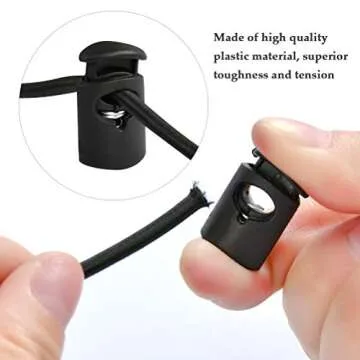 YOTINO 50 Pcs Plastic Cord Locks with 65 ft 1/8" inch Elastic Bungee Nylon Shock Cord, Crafting Stretch String for Drawstrings, Bags, Shoelaces, Clothing(Black)