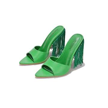 Women's Fringe Open Toe Mule Slip on Stiletto Heel Sandals CR Safina Green 7