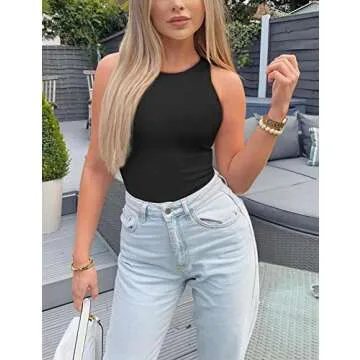 Saslax Women's High Neck Sleeveless Racerback Halter Thong Leotard Bodysuits Tops Black#2 M