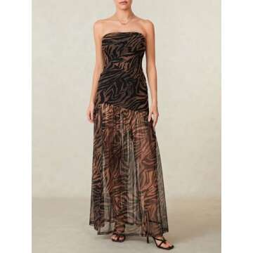 Kishawna Elegant Women Casual Tube Long Dress Strapless Off Shoulder Mesh Patchwork Leopard Print High Slit Night Party Dress (Brown, M), Medium