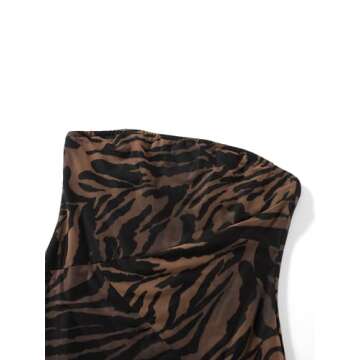 Kishawna Elegant Women Casual Tube Long Dress Strapless Off Shoulder Mesh Patchwork Leopard Print High Slit Night Party Dress (Brown, M), Medium