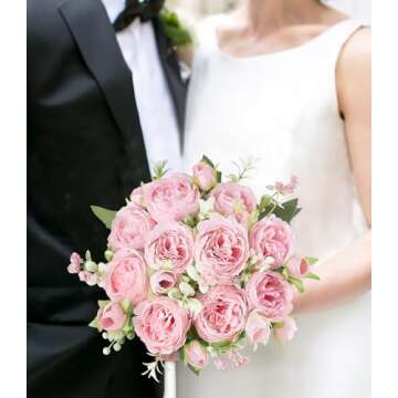 Mkono Peonies Artificial Flowers, Small Silk Flowers for Home Decor Indoor 2 Bundles Fake Bouquet Faux Floral Arrangements Dining Table Centerpieces for Kitchen Bridal Wedding Party Decor, Pink