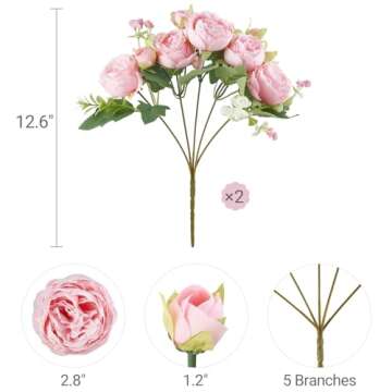 Mkono Peonies Artificial Flowers, Small Silk Flowers for Home Decor Indoor 2 Bundles Fake Bouquet Faux Floral Arrangements Dining Table Centerpieces for Kitchen Bridal Wedding Party Decor, Pink
