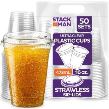 16 oz Clear Plastic Cups with Strawless Sip-Lids [50 Sets] PET Crystal Clear Disposable 16oz Plastic Cups with Lids - Crystal Clear, Durable Cup - BPA Free + Crack Resistant, for Coffee, Juice, Shakes