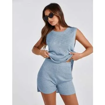 Bianstore Women's Summer Sweater Set Sleeveless Knit Pullover Top Matching Shorts 2 Piece Beach Vacation Outfits(Bluegrey-S)
