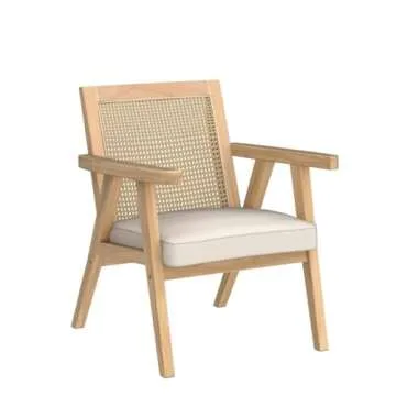 Guyou Mid Century Modern Rattan Accent Chair Set of 2, Upholstered Velvet Armchair with Rattan Back, Retro Living Room Chair for Fire Place/Bedroom/Hosting Room/Reading Room (Beige)