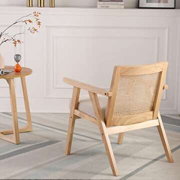 Guyou Mid Century Modern Rattan Accent Chair Set of 2, Upholstered Velvet Armchair with Rattan Back, Retro Living Room Chair for Fire Place/Bedroom/Hosting Room/Reading Room (Beige)