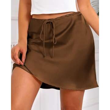 Women's Drawstring Satin Mini Skirt High Waisted Elegant Casual A-Line Flared Silk Short Skirts for ...