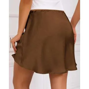 Women's Drawstring Satin Mini Skirt High Waisted Elegant Casual A-Line Flared Silk Short Skirts for Women Brown
