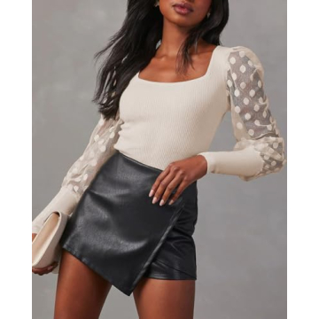 Miduo Women's Ribbed Knit Lace Sleeve Top for Spring