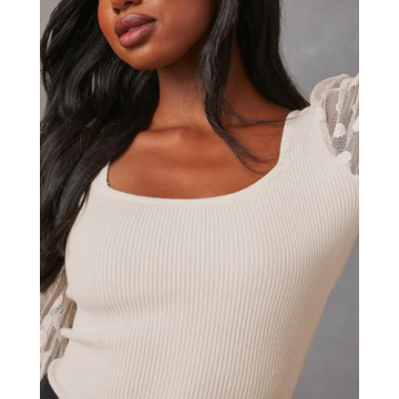 Miduo Women's Ribbed Knit Lace Sleeve Top for Spring