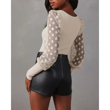 Miduo Women's Ribbed Knit Lace Sleeve Top for Spring