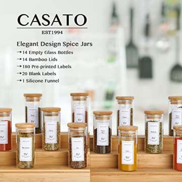 casato 4Oz Spice Jars, 14 Pack Glass Food Storage Jars Containers with Airtight Bamboo Lids, High Bo...