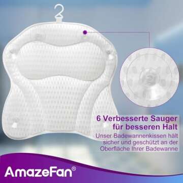 AmazeFan Luxury Bath Pillow, Ergonomic Bathtub Spa Pillow with 4D Air Mesh Technology and 6 Suction Cups, Helps Support Head, Back, Shoulder and Neck, Fits All Bathtub, Hot Tub and Home Spa(US Patent)
