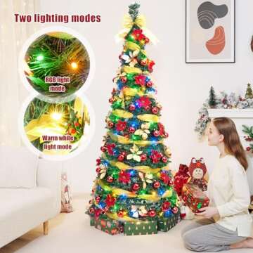 Decoway Pre Lit Pre Decorated Christmas Tree Pop Up with Remote Control, with Warm White & Colorful LED Lights,Holiday Party Decorations,Red Gold (6FT, Surround Ribbon)