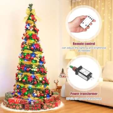 Decoway Pre Lit Pre Decorated Christmas Tree Pop Up with Remote Control, with Warm White & Colorful LED Lights,Holiday Party Decorations,Red Gold (6FT, Surround Ribbon)