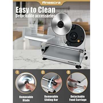 Meat Slicer, Anescra 200W Electric Deli Food Slicer with Removable 7.5’’ Stainless Steel Blade and Food Carriage, 0-15mm Adjustable Thickness Meat Slicer for Home, Food Slicer Machine