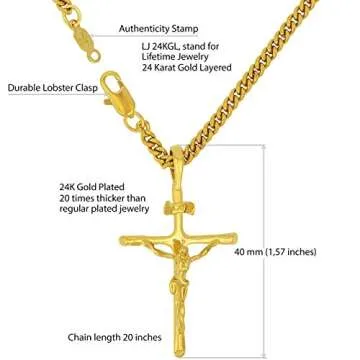 Classic Cross Necklace for Men & Women 24k Gold Plated